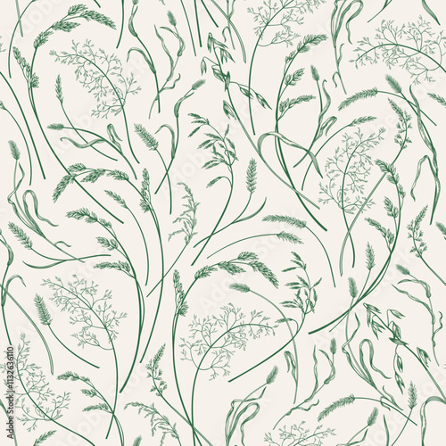 Seamless floral pattern with ears of corn. Vector autumn background with ears of corn. Green.