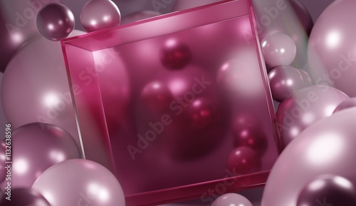 Red 3d luxury mockup. Big Red Glass Box surrounded by floating red and white balloons. Luxurious product presentation background for Valentine's day, romance, cosmetics, beauty, christmas, party