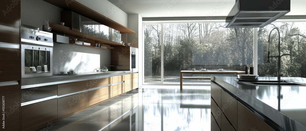 Fototapeta premium Modern Kitchen Design With Rainy Day View