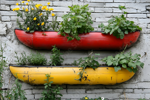 Two repurposed red and yellow containers, mounted on a brick wall, are used as planters, containing various herbs and flowers. photo