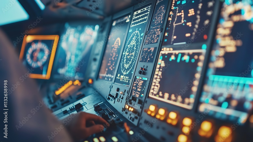 Fototapeta premium Air traffic control tower overseeing a bustling airport, ensuring safe and efficient aircraft movements, symbolizing coordination and precision in aviation operations.