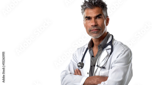 Asian caucasian middle age male handsome doctor arms crossed on white background
 photo