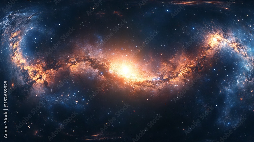 360-degree space nebula panorama in equirectangular projection - hdri spherical environment map featuring vibrant nebulae, stars, and deep space details for cosmic 3d backgrounds