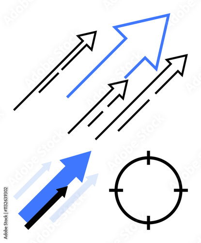 Arrows in black and blue pointing upwards, growing in size, and a focus target circle. Ideal for teamwork, business growth, project planning, achieving goals, innovation, success strategic planning