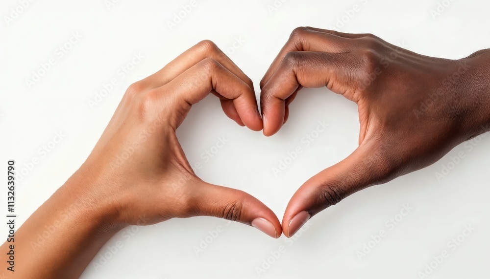 Obraz premium Celebrating Love and Unity Diverse Hands Forming a Heart Shape Studio Setting Close-Up Perspective Emotional Connection