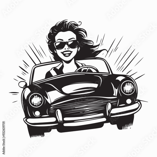 Attractive Happy Girl Driving a Car Woman Driver image vector isolated on white background.