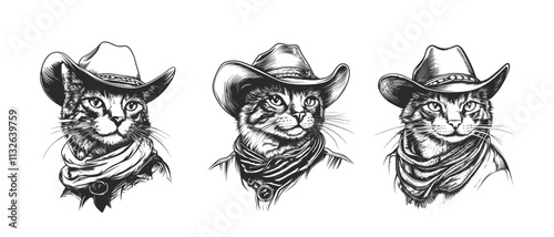 Set of Cowboy cat vintage engraving illustration, emblem, icon, logo, sketch. Portrait Illustration Of A Cat Wearing A Cowboy Hat engraved. Graphic black vector vintage illustration. Isolated objects.