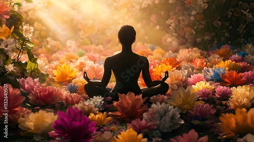 A Black woman meditates peacefully amidst a vibrant field of colorful flowers, bathed in warm, golden sunlight.  Find your inner peace.