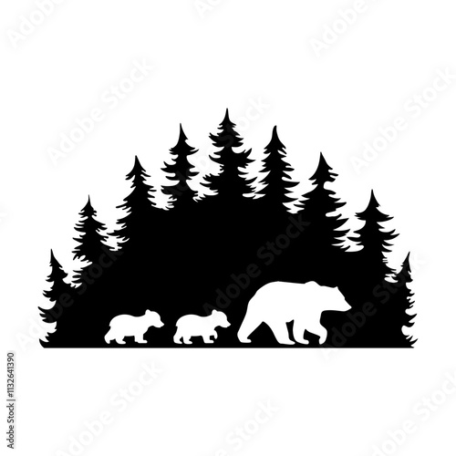 Bear mama and cubs in forestsvg cut file. Isolated vector illustration.