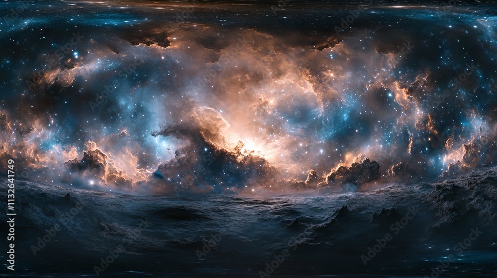 360-degree space nebula panorama in equirectangular projection - hdri spherical environment map featuring vibrant nebulae, stars, and deep space details for cosmic 3d backgrounds