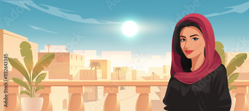 A woman in a red hijab and black top stands in front of a sunny cityscape with palm trees and buildings. Cultural lifestyle concept. Vector illustration