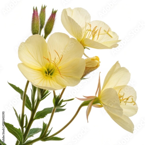 Soft yellow evening primrose flowers in full bloom showcasing delicate petals and buds