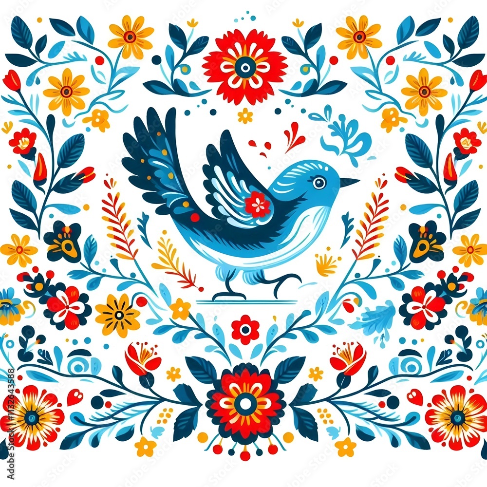 Fototapeta premium Folk Borders Embracing a Blue Bird