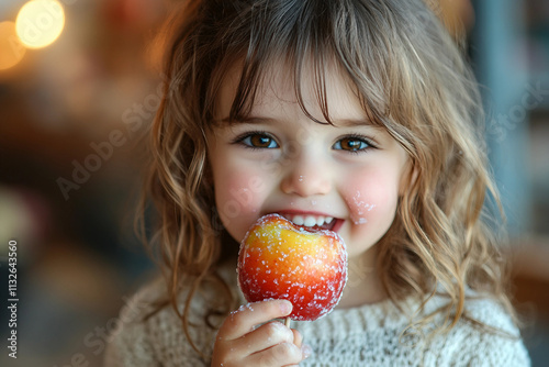 Generative AI Image of a Happy Child Smiling While Enjoying Sweets, Candies, and Bakery Treats photo