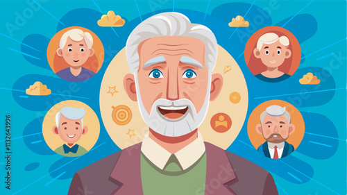 A joyful elderly man surrounded by photos of happy senior men, possibly his grandchildren. The scene exudes positivity and family bonds.