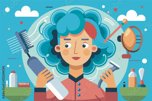Vibrant illustration of a woman with blue hair holding a hairdryer and toothbrush, surrounded by personal care items in a fun and dynamic vibe.