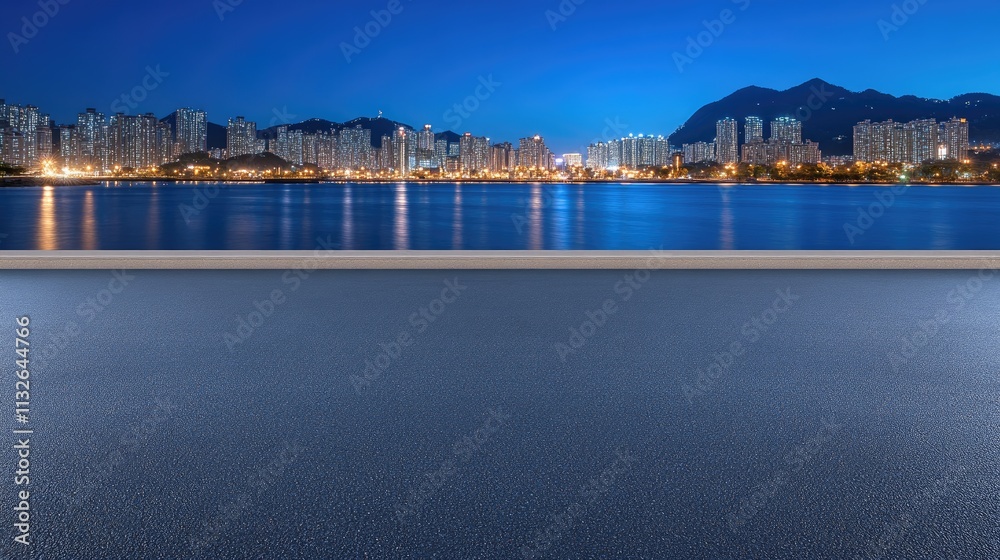 Fototapeta premium A highway winds through at night, with modern skyscrapers illuminated in blue lighting, creating a vibrant urban atmosphere