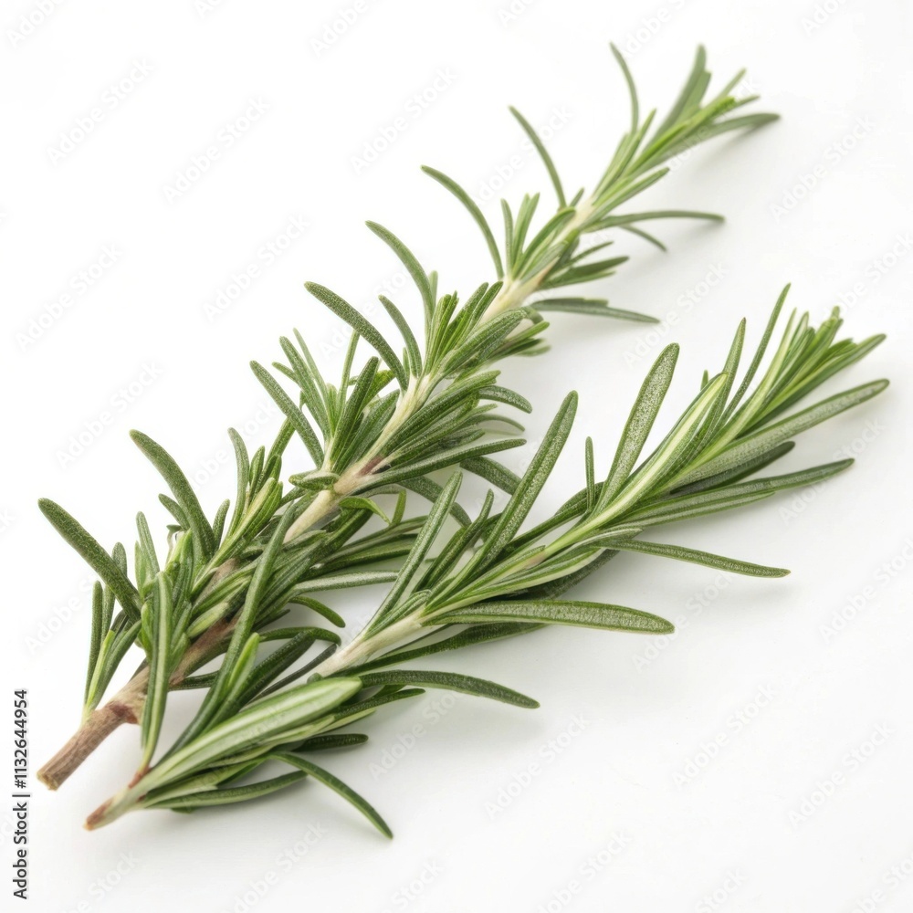 Fototapeta premium Fresh rosemary sprigs displaying vibrant green needle-like leaves on a white background