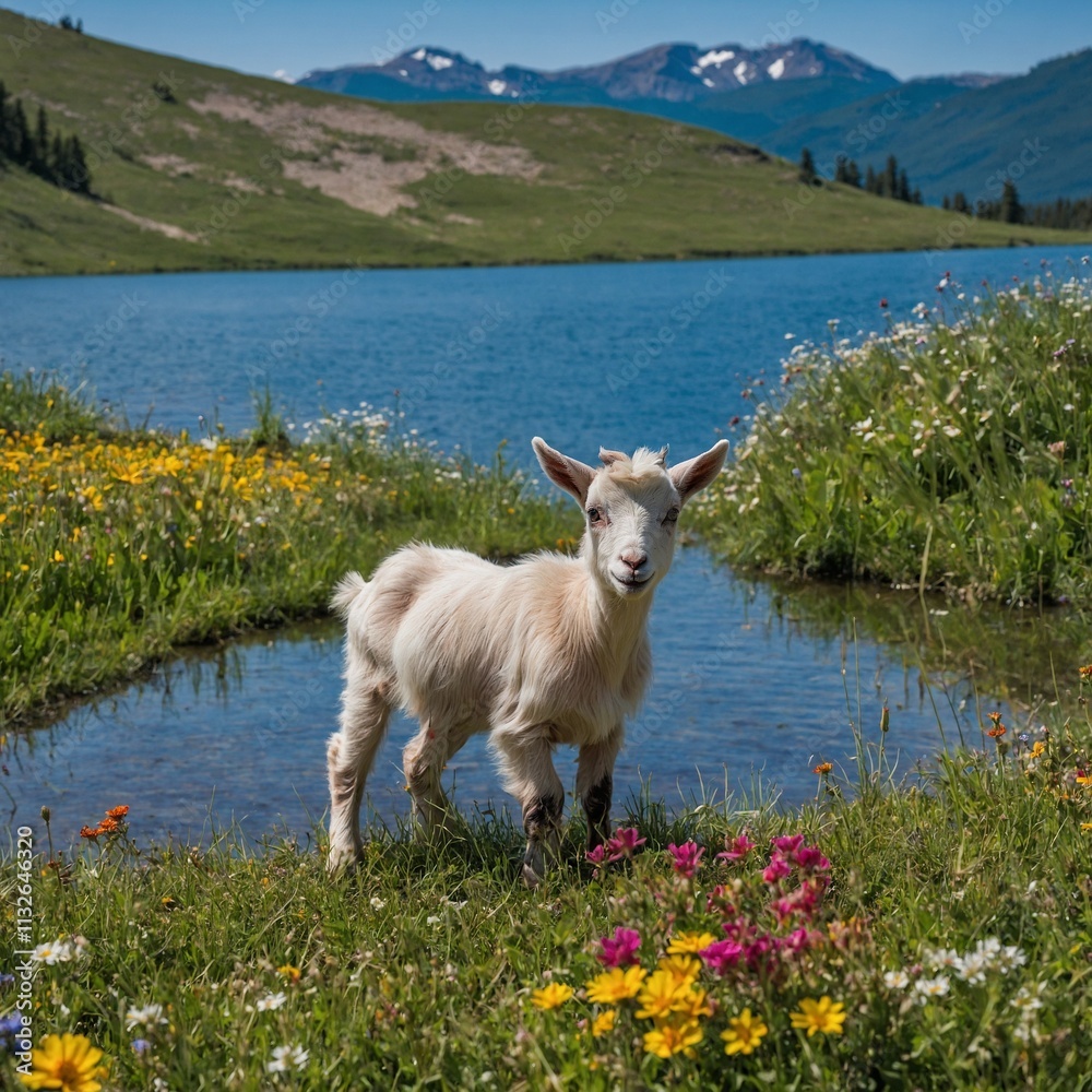 Obraz premium A playful baby goat frolicking in a green meadow filled with colorful wildflowers, with a calm blue lake reflecting the sky in the background.