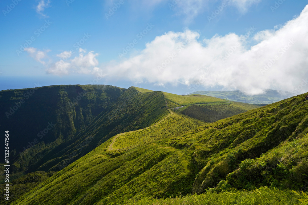 Obraz premium A famous tourist destination, hiking trail around the volcanic crater Caldera on the Azores island Faial.