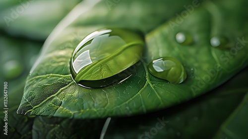 Hyper-realistic close-up of a single water drop on a green leaf with a mockup in the side. full ultra hd, high resolution photo