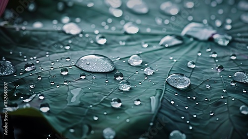 Hyper-realistic close-up of water drops on a lotus leaf with a mockup in the side. full ultra hd, high resolution photo