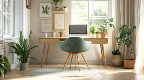 Modern home office workspace with plants, computer, and stylish furniture in bright natural light