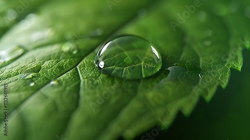 Hyper-realistic close-up of a single water drop on a green leaf with a mockup in the side. full ultra hd, high resolution photo