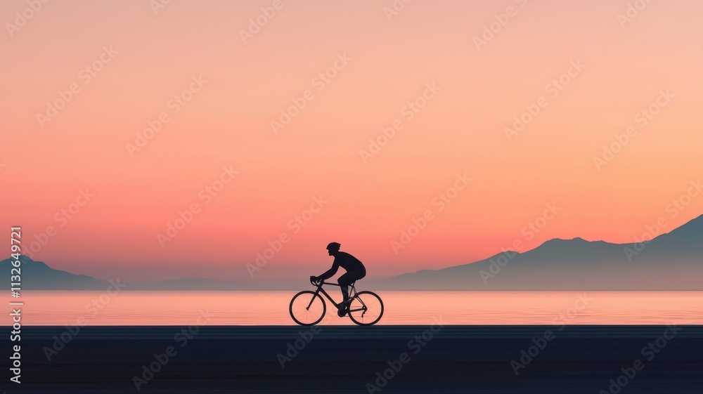 Fototapeta premium A cyclist rides along a peaceful shoreline during a vibrant sunset, silhouetted against serene mountains and a calm sea.