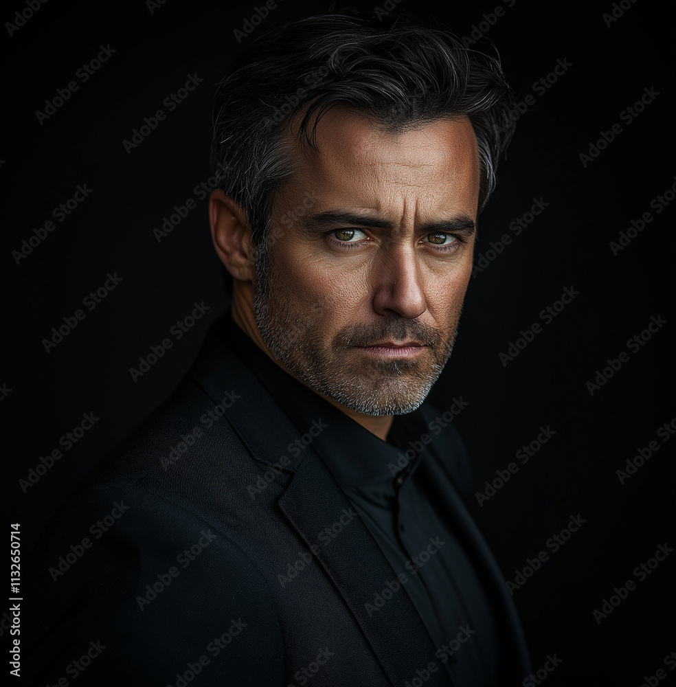 Fototapeta premium handsome men wearing a black suit, facing the camera, on a dark background, with studio lighting.