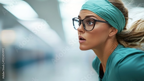 A focused healthcare professional in scrubs and glasses hurries through a hospital corridor, showcasing determination and urgency. photo