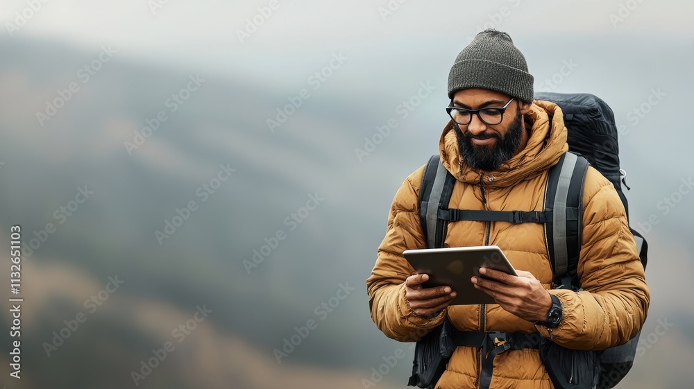 Fototapeta premium A man in a warm jacket and beanie stands outdoors, using a tablet while surrounded by misty mountains.