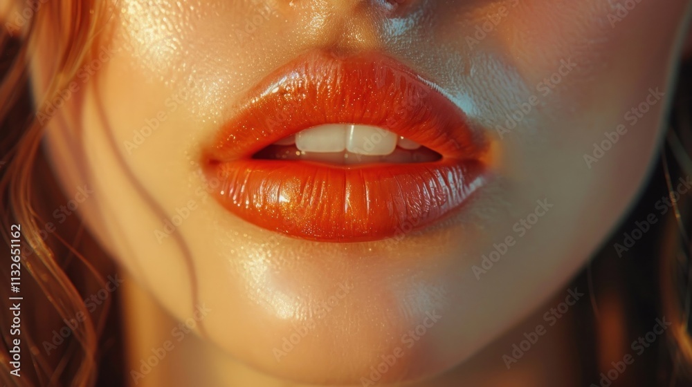 Naklejka premium Close up of female lips with red lipstick. .young woman with red lips.