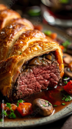 Vertical close-up of Classic British Beef Wellington with golden brown puff pastry, tender fillet steak, mushroom duxelles, red wine reduction sauce, and roasted vegetables. photo