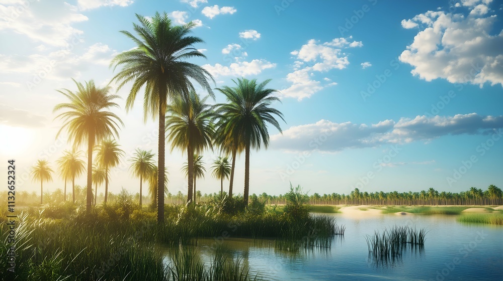 Fototapeta premium Tropical Paradise with Palm Trees and Clear Blue Water