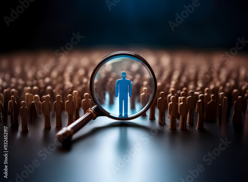 A magnifying glass focuses on a single blue figure amidst a crowd of brown figures.  This symbolizes the search for a specific individual, highlighting the importance of selection and detail within a 