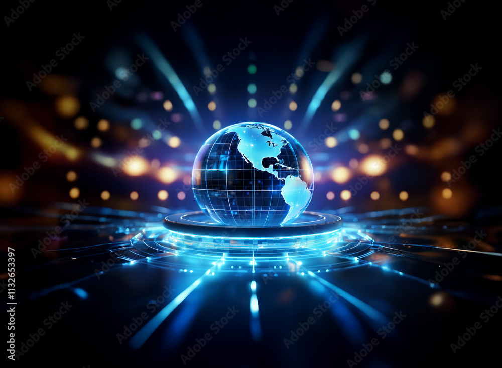 Obraz premium A glowing digital globe, encircled by vibrant blue energy streams, rests on a futuristic platform. This symbolizes global connectivity and technological advancement.