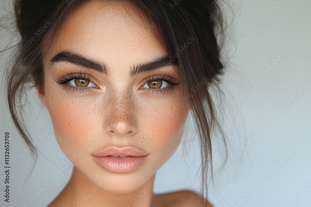 Naklejka premium Beautiful woman with minimal makeup and radiant skin, showcasing natural beauty