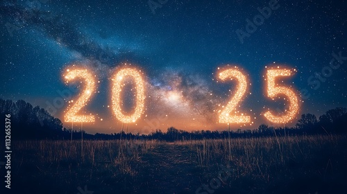 A starry sky with the Milky Way glowing above the numbers 2024 fading into 2025 written in starlight