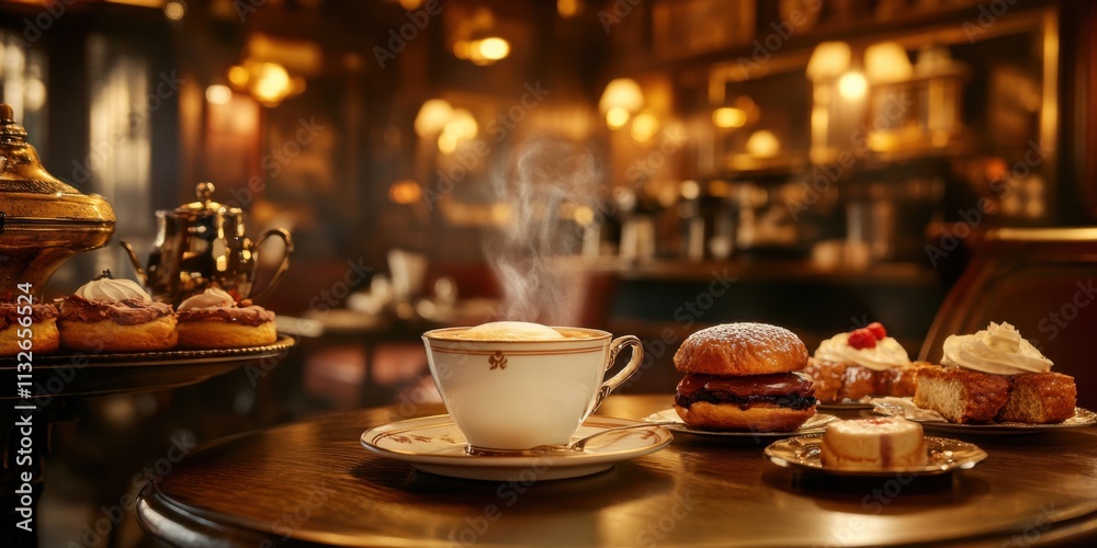 Fototapeta premium A luxurious cafÃ© scene with a ceramic coffee cup, steam rising delicately, surrounded by gourmet pastries and elegant decor