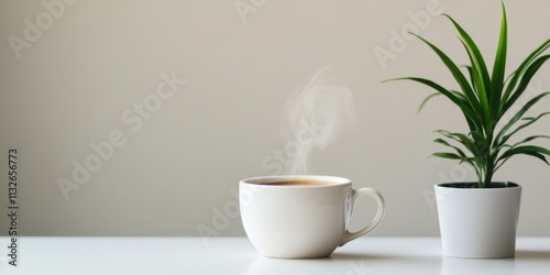 Wallpaper Mural A minimalist coffee scene with a steaming cup placed on a clean white surface, accented by a single green plant" Torontodigital.ca