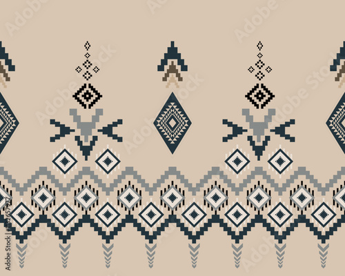 Embroidered cross-stitch ethnic fabric Geometric ornament ethnic pattern design. Use for fabric, textile, interior decoration elements, upholstery, and wrapping. Traditional geometric ethnic fabric