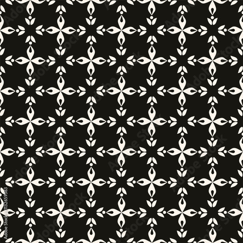 Simple minimalist geometric seamless pattern. Abstract monochrome minimal background with small floral shapes. Subtle repeat design for decor, print.