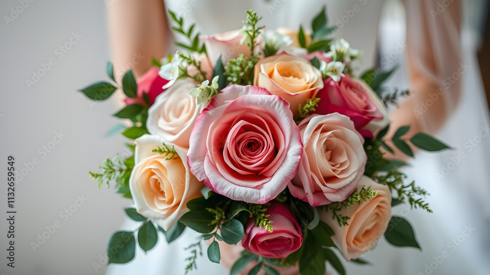 Obraz premium A vibrant bouquet of roses in shades of pink and peach, held by a bride, symbolizes love, beauty, and the joyous occasion of marriage