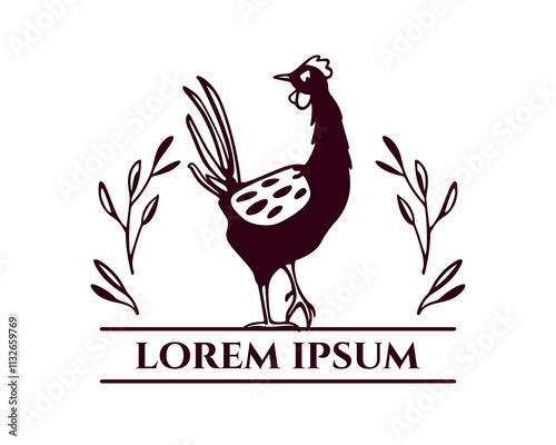 Vector card with hand drawn chicken emblem. Beautiful ink drawing, heavy contour, graphic style. Perfect elements for food or farming design.