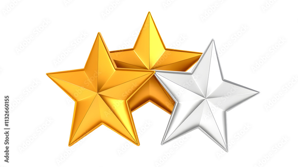 Fototapeta premium Golden, bronze, silver glossy metallic stars 3d realistic style. Leadership, game award, customer feedback symbol vector illustration isolated on white background. Generative AI