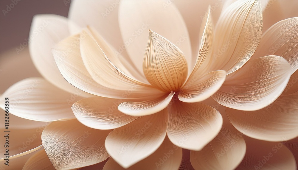 Fototapeta premium Macro photograph showcasing the intricate beauty of beige transparent flower petals and leaves perfect for use as a natural wallpaper or background.