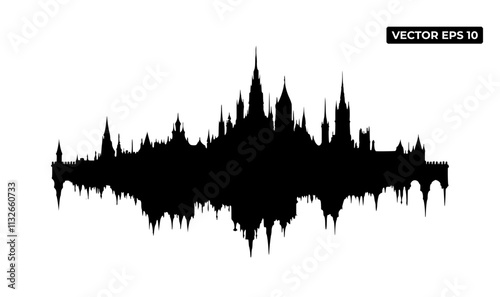 A silhouette of a city skyline represented as a sound wave.