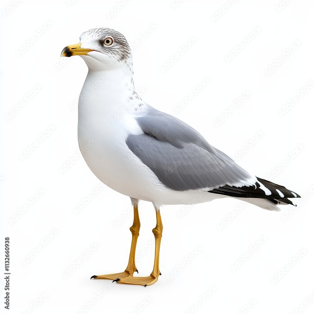 Obraz premium Seagull isolated on a white background, ideal for wildlife, ornithology, and nature design concepts.
