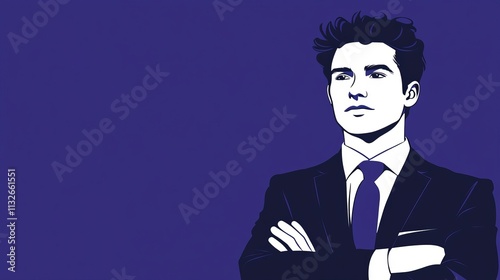 Minimalist vector illustration of a cartoon man in a suit with arms crossed, ideal for business, leadership, and professional branding concepts. photo